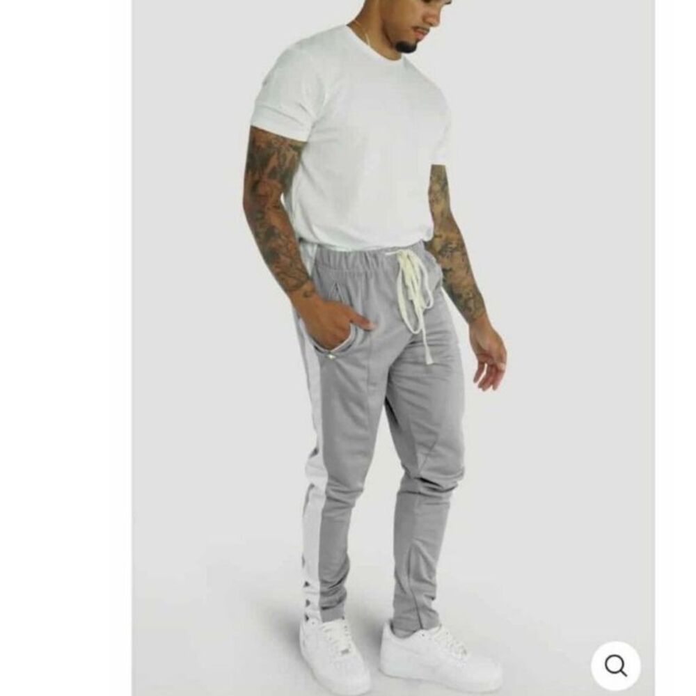 NWT Mens Grey White Side Stripe Track Pants Small Ankle Zip Joggers